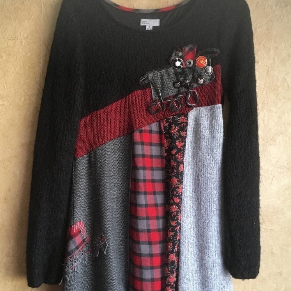 LINEA DOMANI Sz SMALL Women's LINED JUMPER DRESS, EMBELLISHED PATCHWORK APPLIQUE